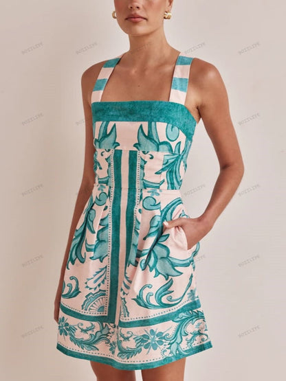 Graphic Print Spaghetti Strap Smocked Tier Mini Dress