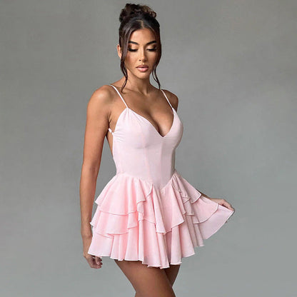 Deep V-Neck Spaghetti Strap Corset Tiered Ruffle Mini Dress
