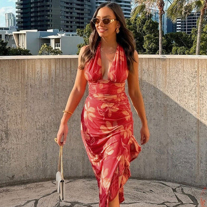 Halter Plunging V Neck Floral Ruched Ruffle Side Slit Maxi Set