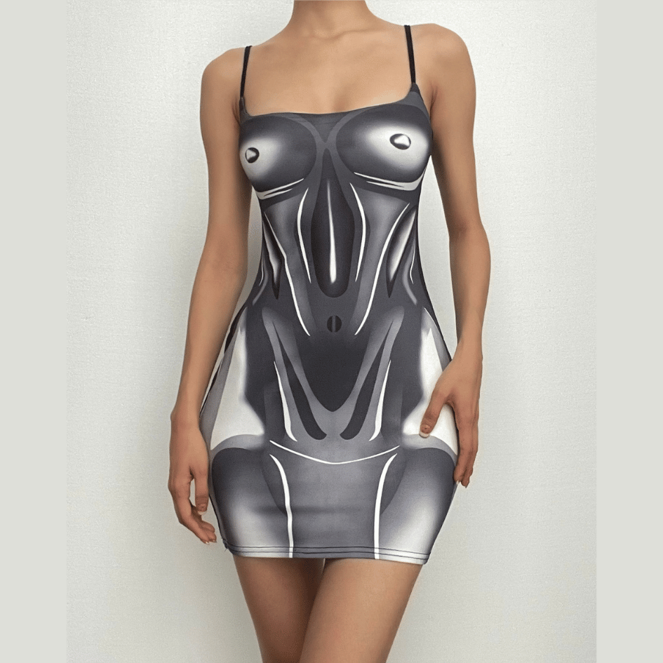 Square Neck Contour Print Spaghetti Strap Mini Dress