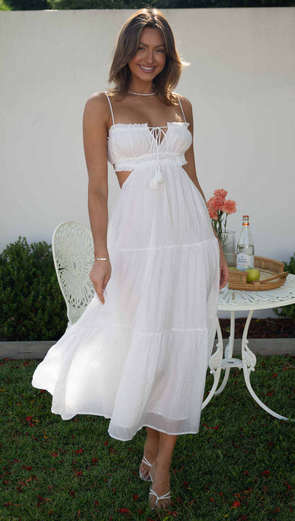 Spaghetti Strap Smocked Tie Tassel Side Cutout Tiered Crinkle Maxi Dress