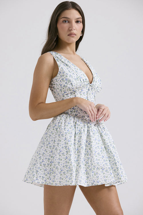 Deep V Corset Bodice Ruffled Opera Glove Ditsy Floral Mini Dress