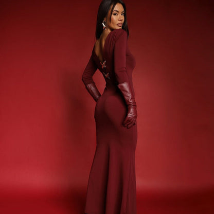 Boat Neck Long Sleeve Belted Bodycon Maxi Dress with Gloves