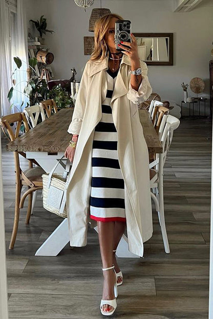 V Neck Cap Sleeve Horizontal Stripe Knit Side Slit Midi Dress