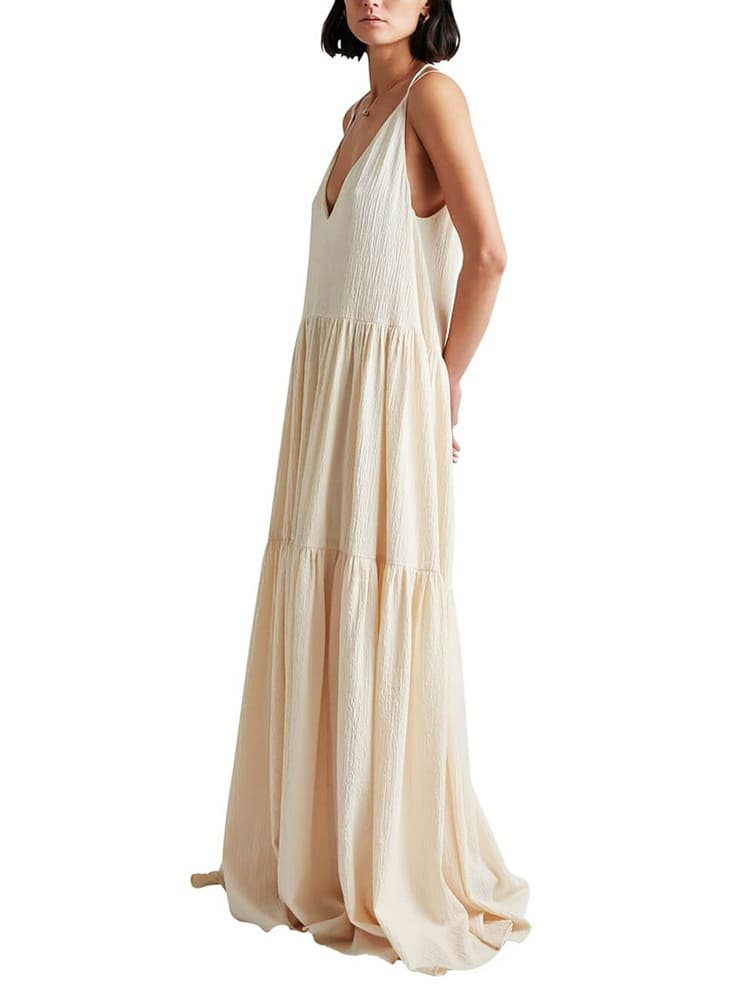 Deep V Neck Spaghetti Strap Tiered Crinkle Gauze Maxi Dress