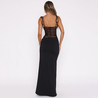 Spaghetti Strap Floral Lace Midriff Panel Column Maxi Dress