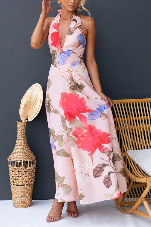 Halter V Neck Lace-up Floral Print Swing Maxi Dress