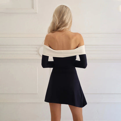 Off Shoulder Contrast Band Long Sleeve Mini Dress