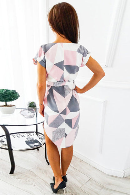 V Neck Tie Waist Geometric Print Wrap Midi Dress