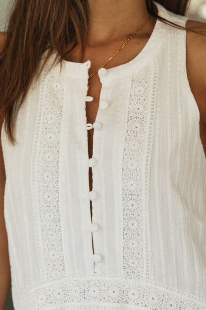 Button Front Lace Trim Empire Waist Tiered Babydoll Mini Dress