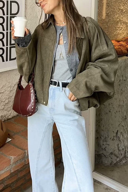 Lapel Zip Up Trendy Bomber Jacket