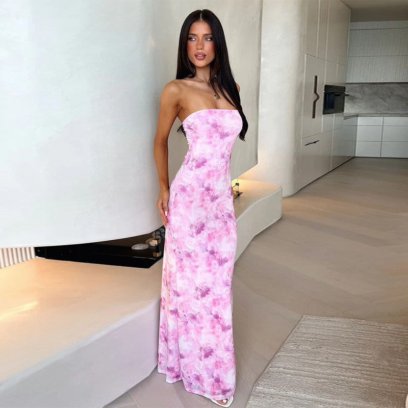 Strapless Abstract Watercolor Floral Print Bodycon Maxi Dress