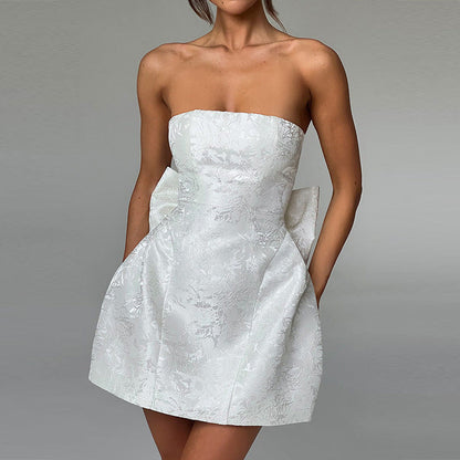 Strapless Brocade Floral Structured Bow Detail Tulip Mini Dress