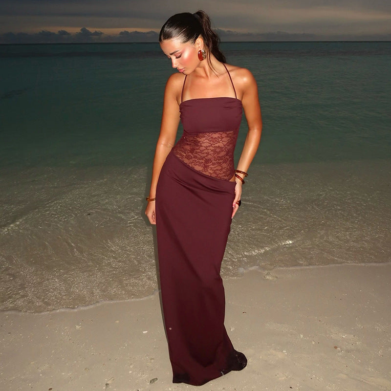 Spaghetti Strap Square Neck Lace Waist Panel Bodycon Maxi Dress