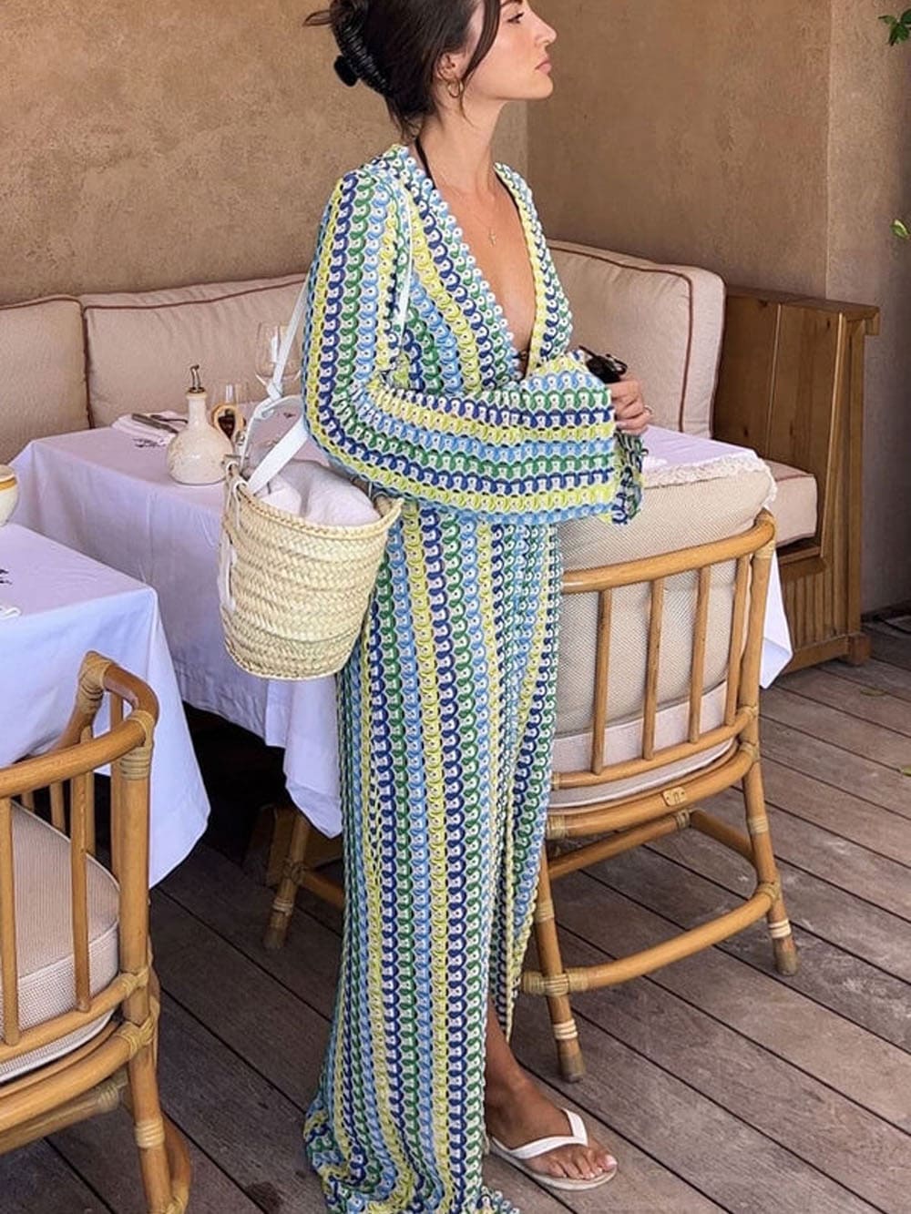 Crochet Stripe Print Deep V-Neck Long Sleeve Front Slit Maxi Dress
