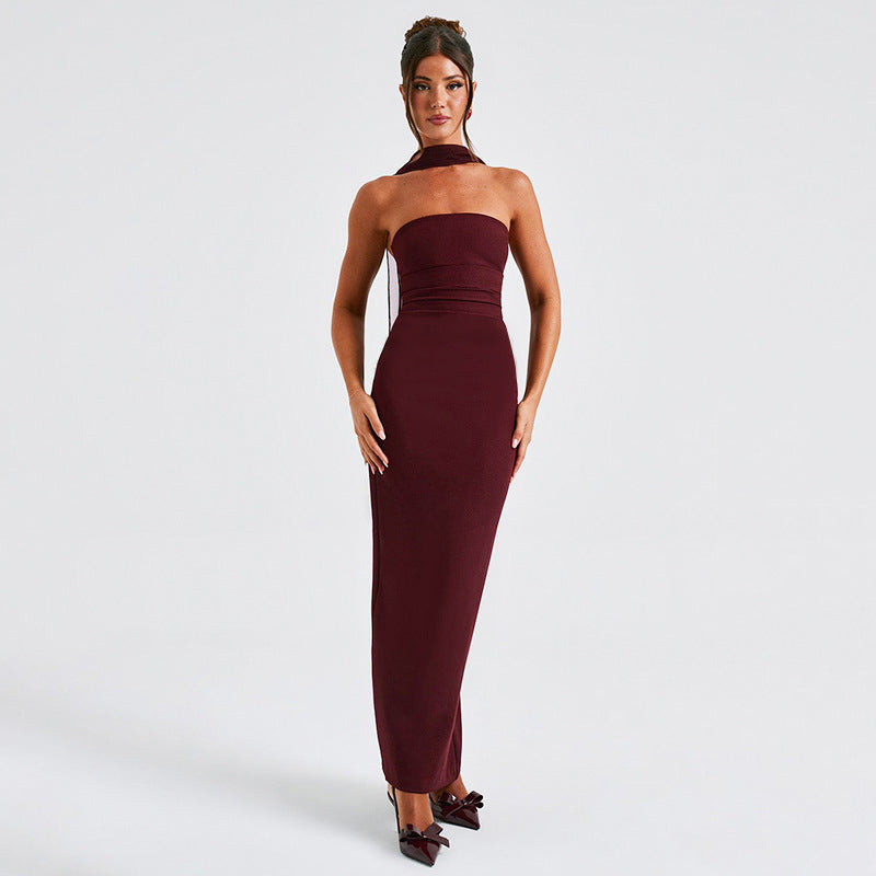Strapless Ruched Bandeau Column Maxi Gown With Sheer Stole