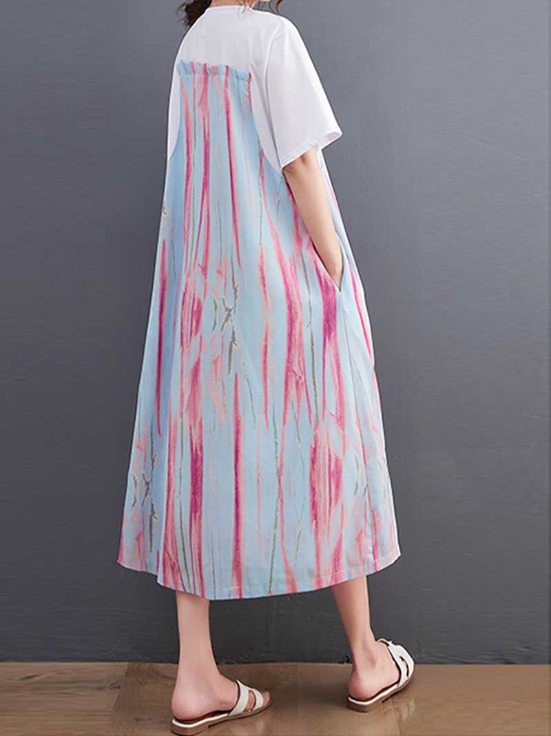 Sleeveless V Neck Abstract Brushstroke Print Layered Midi Dress