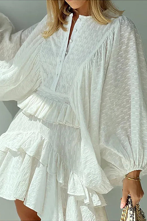 V Neck Button Front Balloon Sleeve Tiered Ruffle Crochet Lace Mini Dress