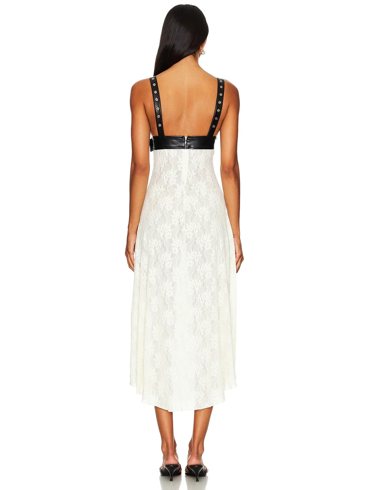Studded Faux Leather Bustier Floral Lace Midi Dress