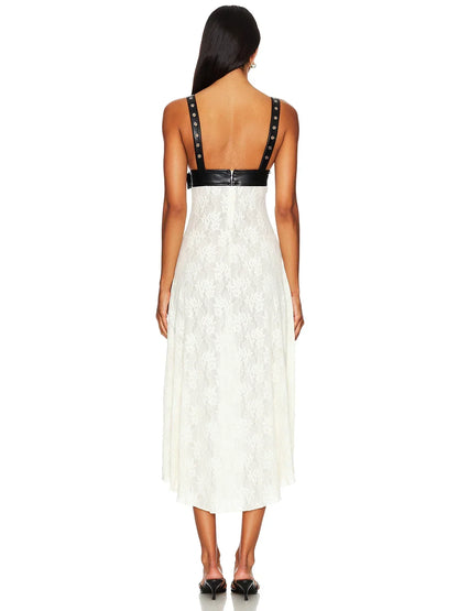 Studded Faux Leather Bustier Floral Lace Midi Dress