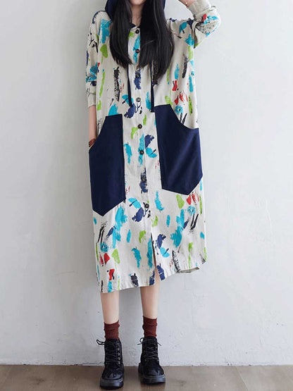 Hooded Zip Front Jacket Style Midi Dress