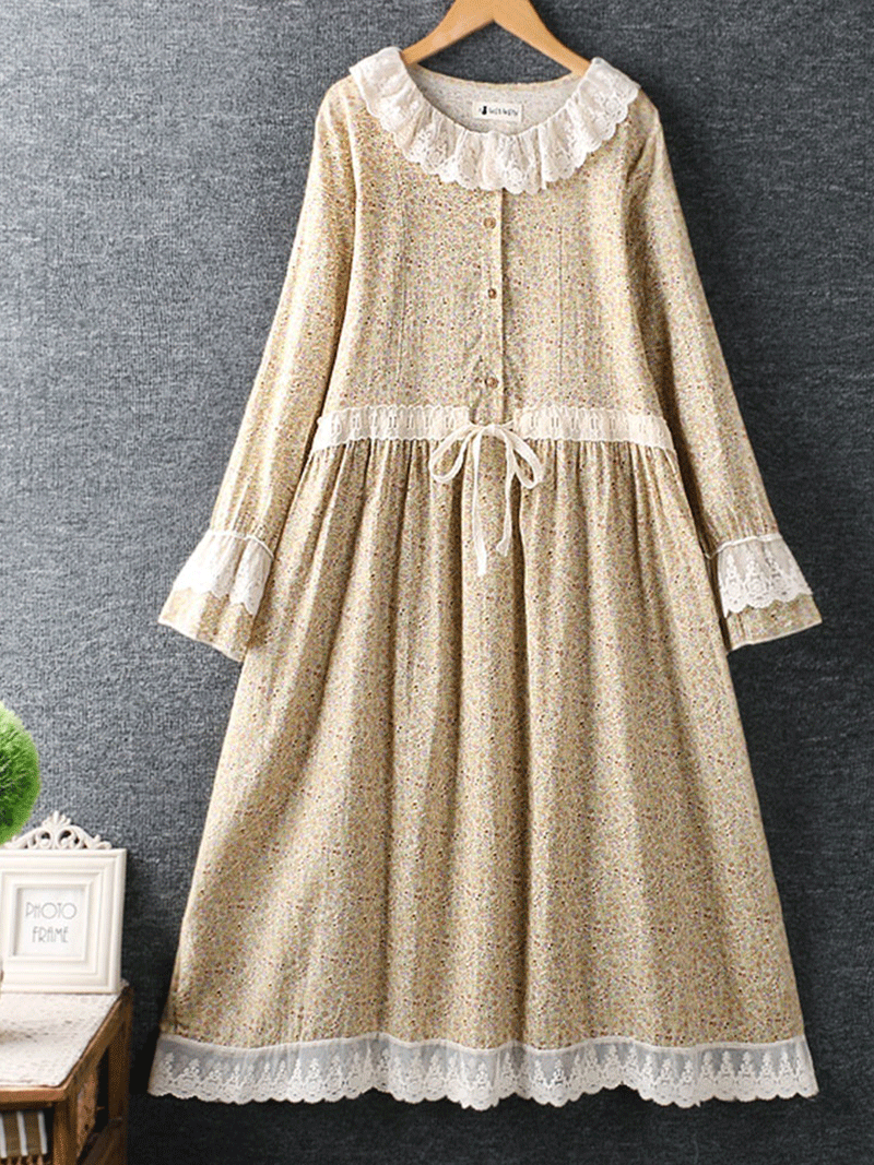 Round Neck Lace Trim Tiered Smock Midi Dress