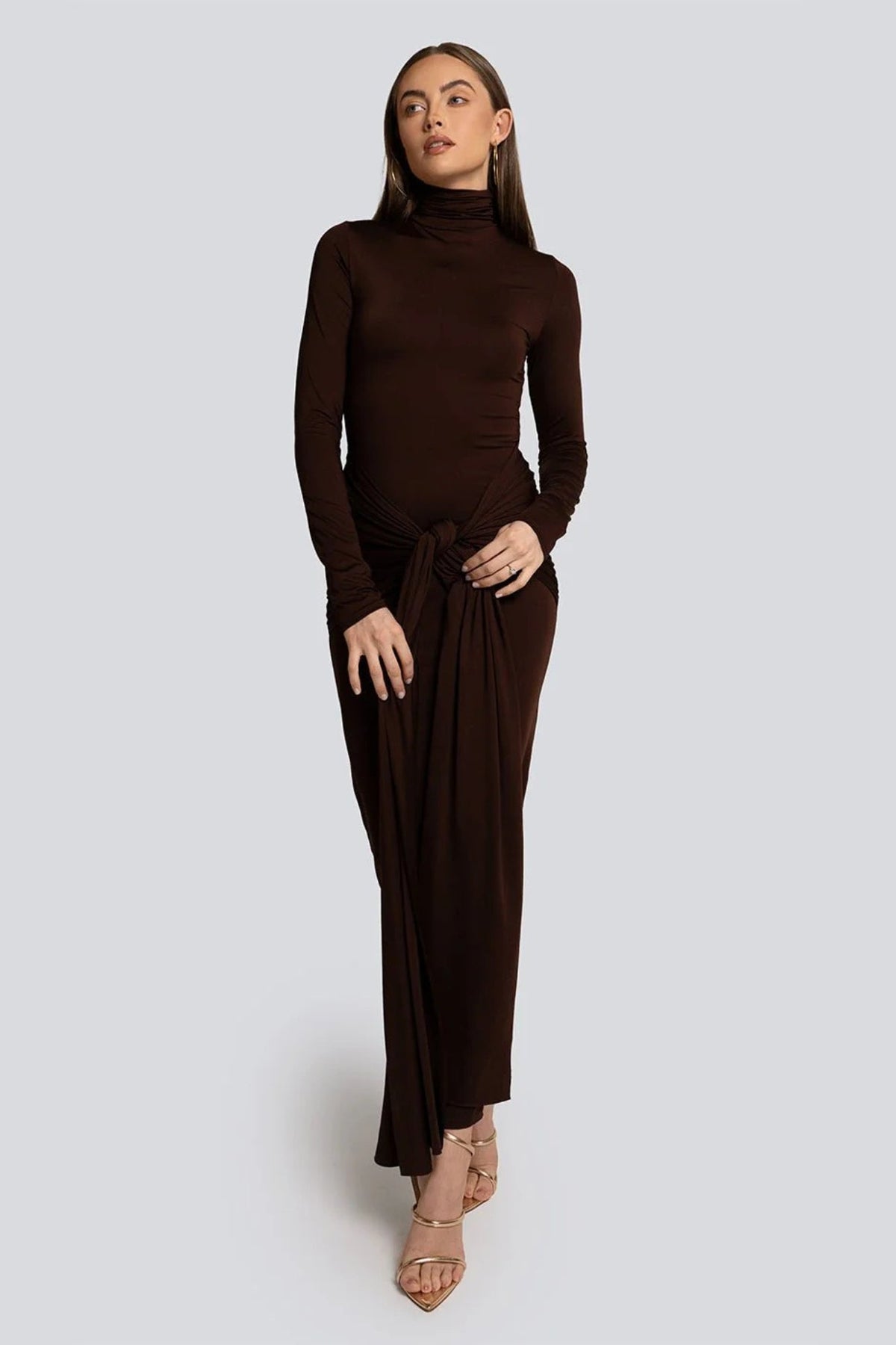 Mock Neck Knot Front Draped Panel Bodycon Maxi Dress