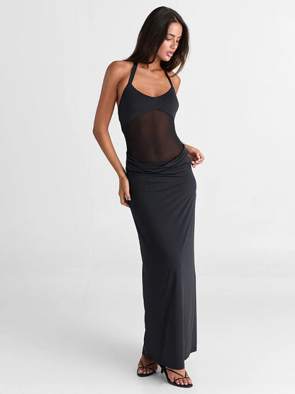 Halter Neck Mesh Waist Cutout Column Maxi Dress