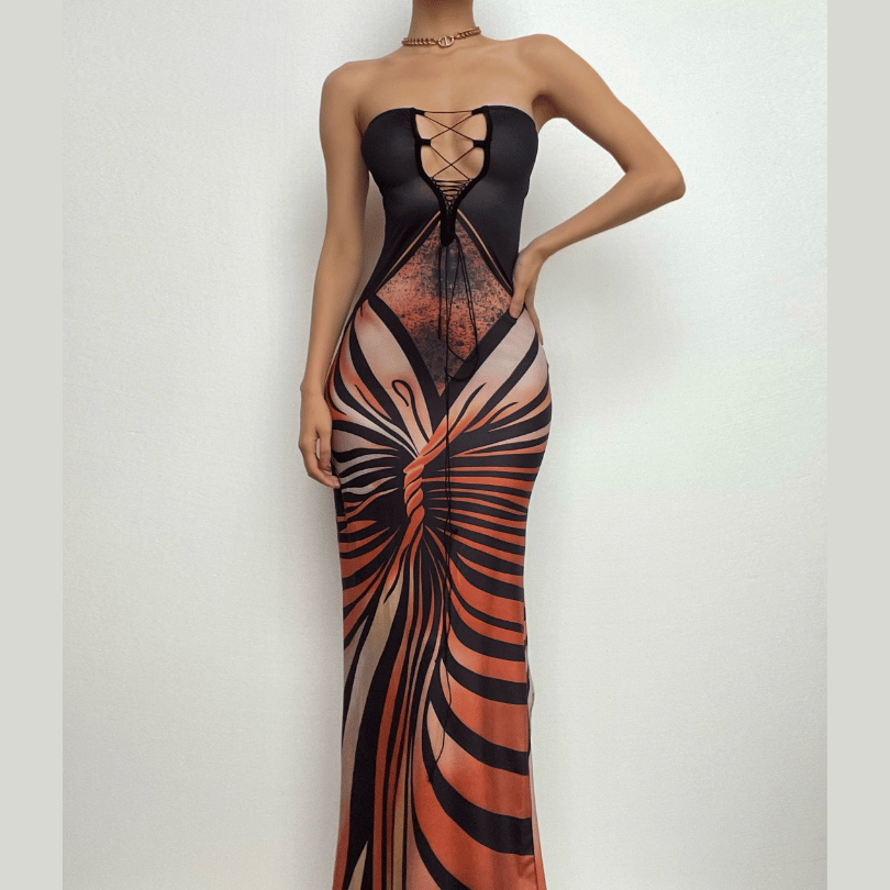 Strapless Abstract Print Lace-Up Back Slit Maxi Dress