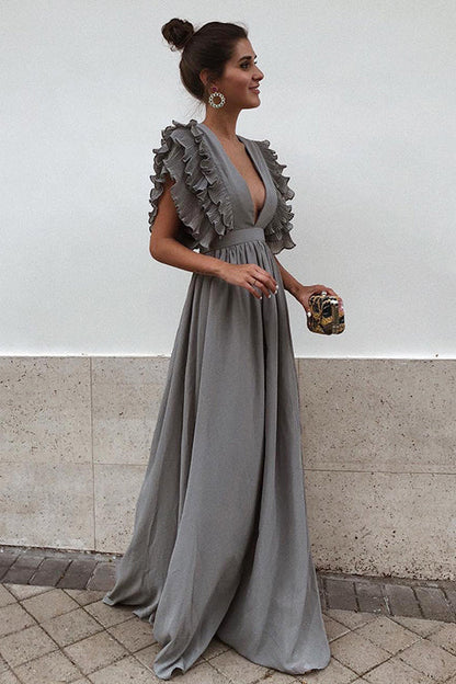 Deep V-Neck Tiered Ruffle Flutter Sleeve Gathered Maxi Gown