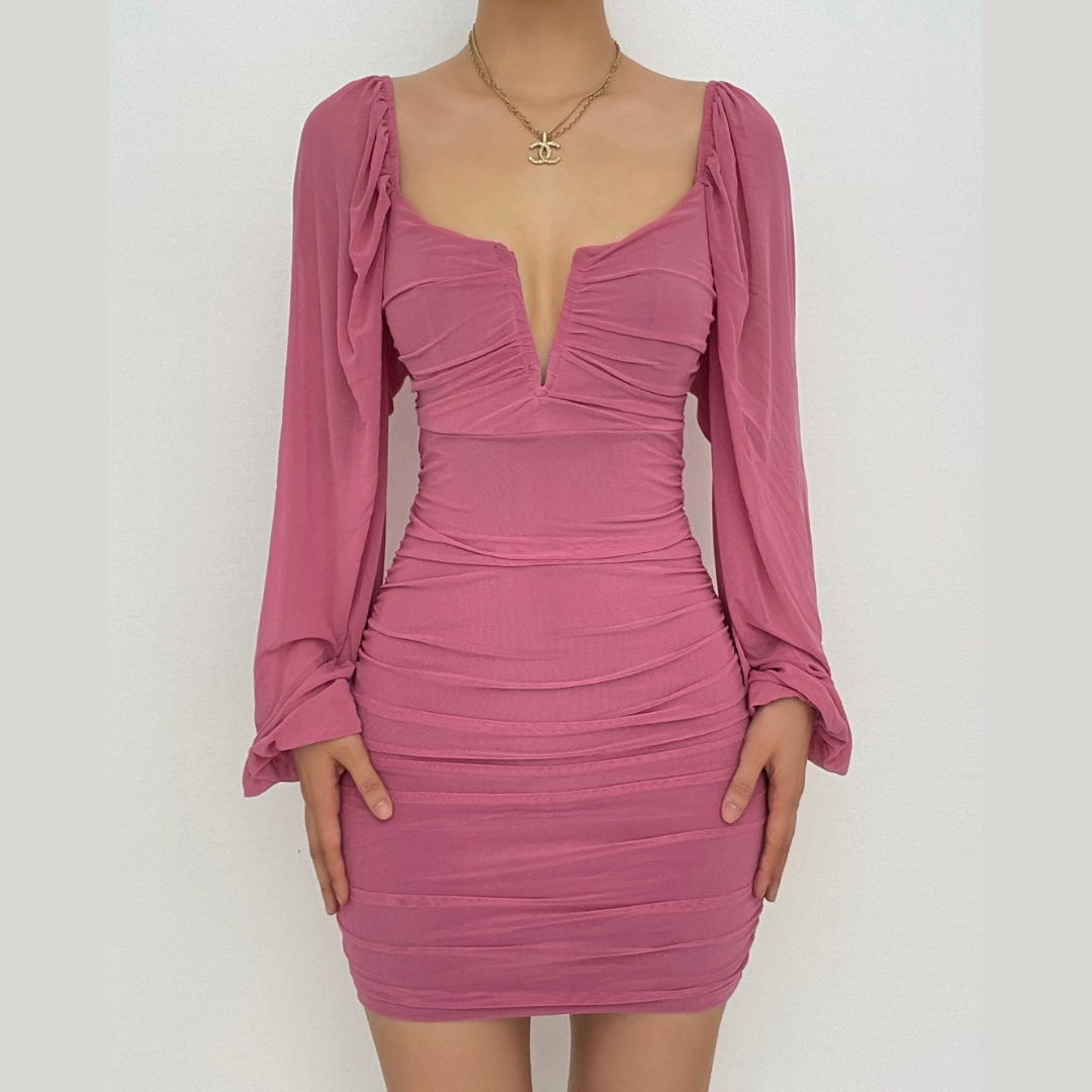 Strapless V-Notch Off Shoulder Puff Sleeve Ruched Mesh Mini Dress