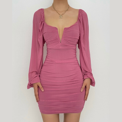 Strapless V-Notch Off Shoulder Puff Sleeve Ruched Mesh Mini Dress
