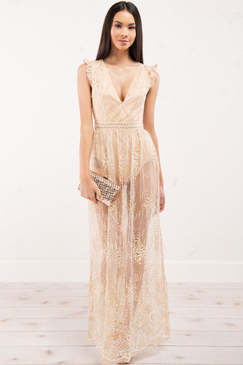 Deep V Neck Ruffle Strap Beaded Belt Sheer Embroidered Sequin Maxi Gown