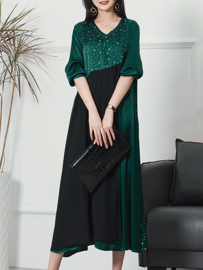 V Neck Three Quarter Sleeve Star Print Color Block Maxi Dress