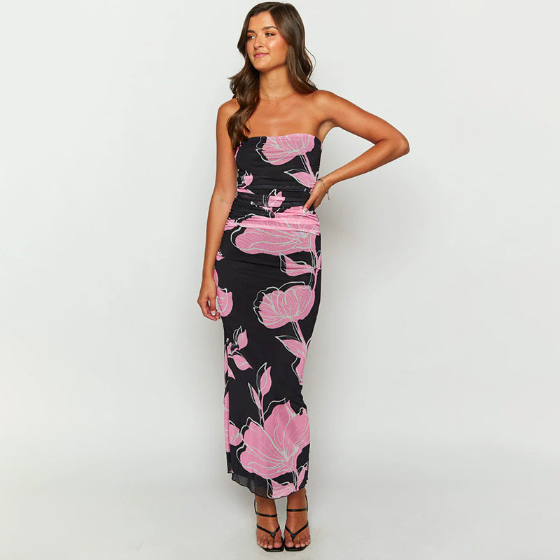 Strapless Ruched Floral Print Column Maxi Dress