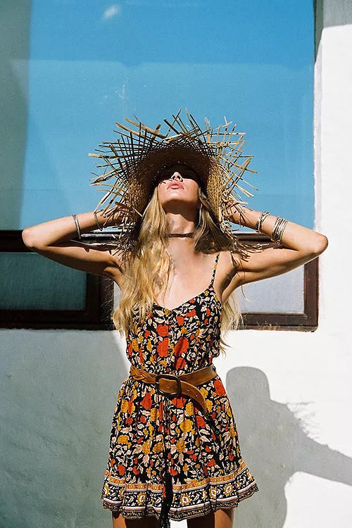 Spaghetti Strap Floral Print Button Front Mini Dress with Braided Belt