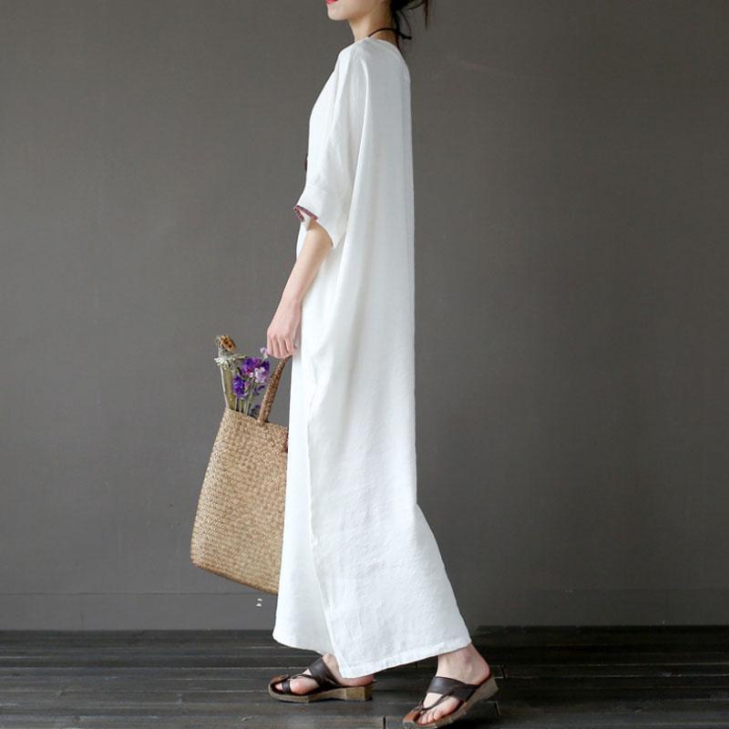 Round Neck Embroidered Neckline Drop Shoulder Linen Kaftan Maxi Dress