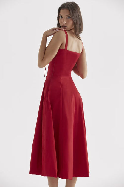 Tie Strap Ruched Sweetheart Corset Bodice Midi Dress