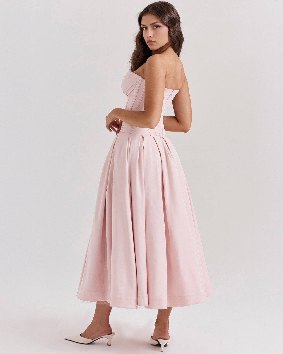 Strapless Corset Sweetheart Neckline Box Pleat A-Line Midi Dress