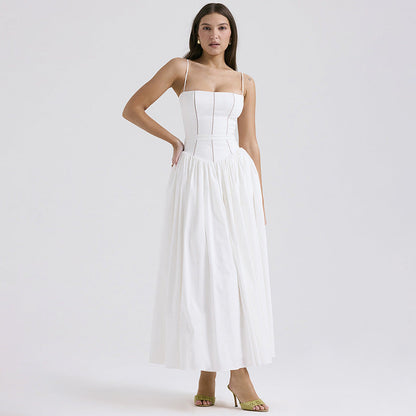 Square Neck Corset Basque Waist Pleated Midi Dress