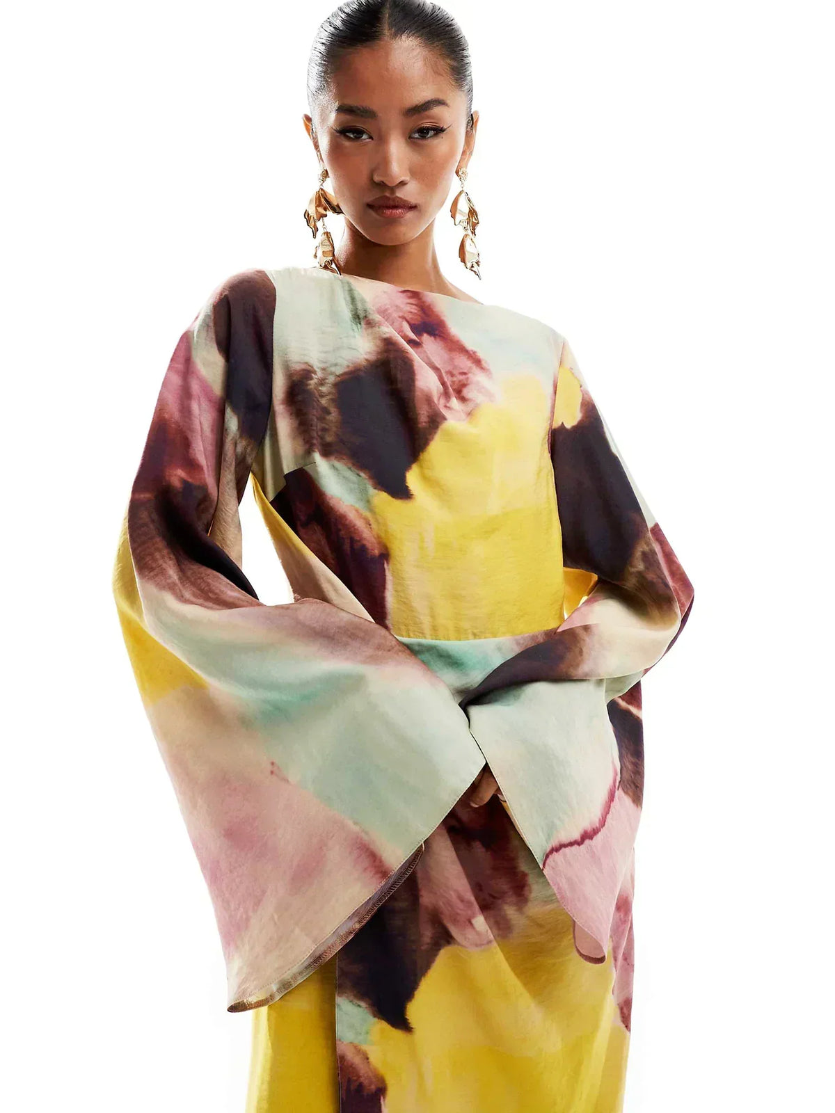 Abstract Watercolor Print Boat Neck Bell Sleeve Maxi Dress