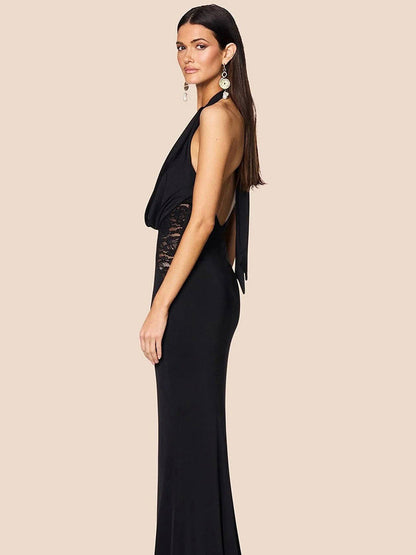 Plunging Halter Cowl Lace Side Panel Mermaid Maxi Gown