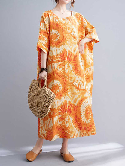 Round Neck Short Sleeve Sunburst Print Oversized Midi Dress