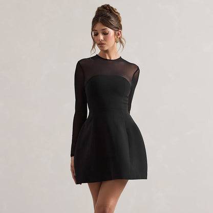 Mock Neck Mesh Yoke Long Sleeve Flared Mini Dress
