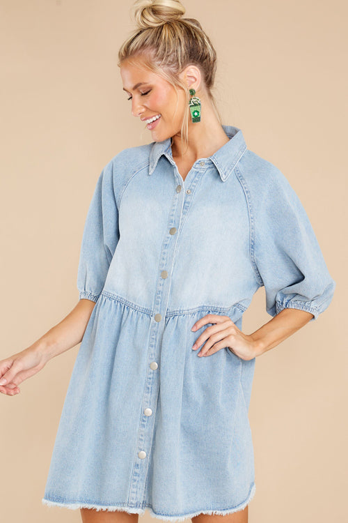 Collar Raglan Puff Sleeve Snap Front Denim Babydoll Dress