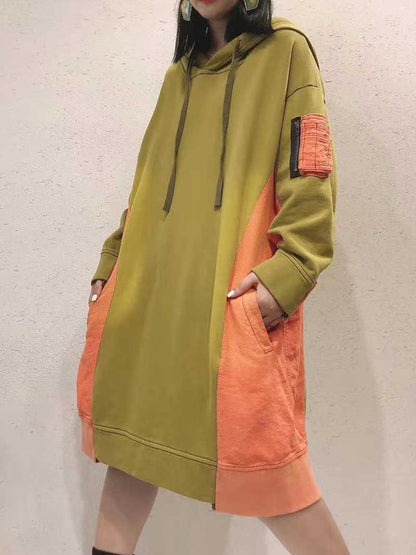 Hooded Color Block Long Sleeve Zip Pocket Midi Sweatshirt Dress