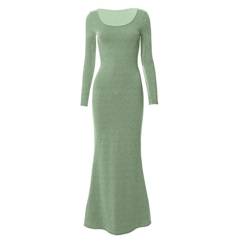 Scoop Neck Long Sleeve Mermaid Hem Knit Bodycon Maxi Dress