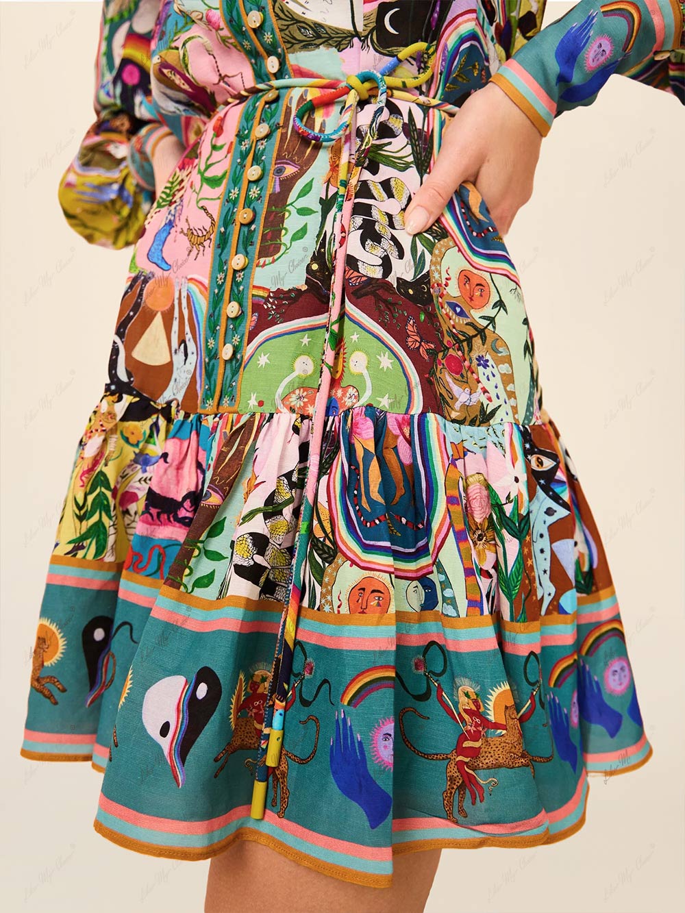 Mandarin Collar Puff Sleeve Button Front Tie Belt Printed Mini Shirt Dress