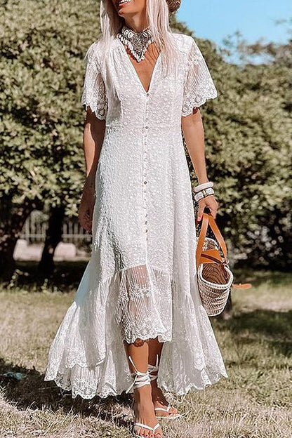 Deep V Neck Short Lace Sleeve Button Front High Low Ruffle Embroidered Maxi Dress
