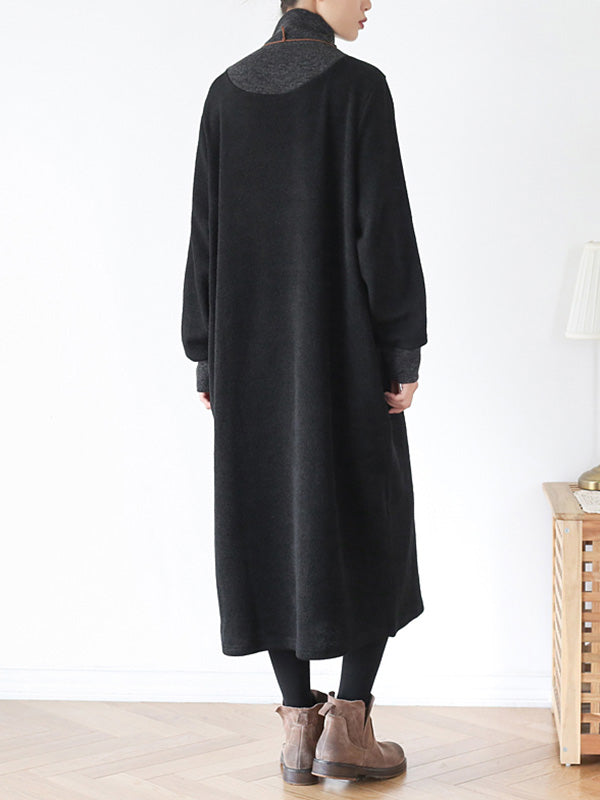 Crew Neck Long Sleeve Layered Look Oversized Pocket Midi Dress